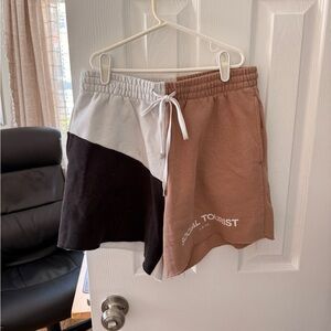 Social Tourist Colorblock Athletic Shorts in Brown, Black & White